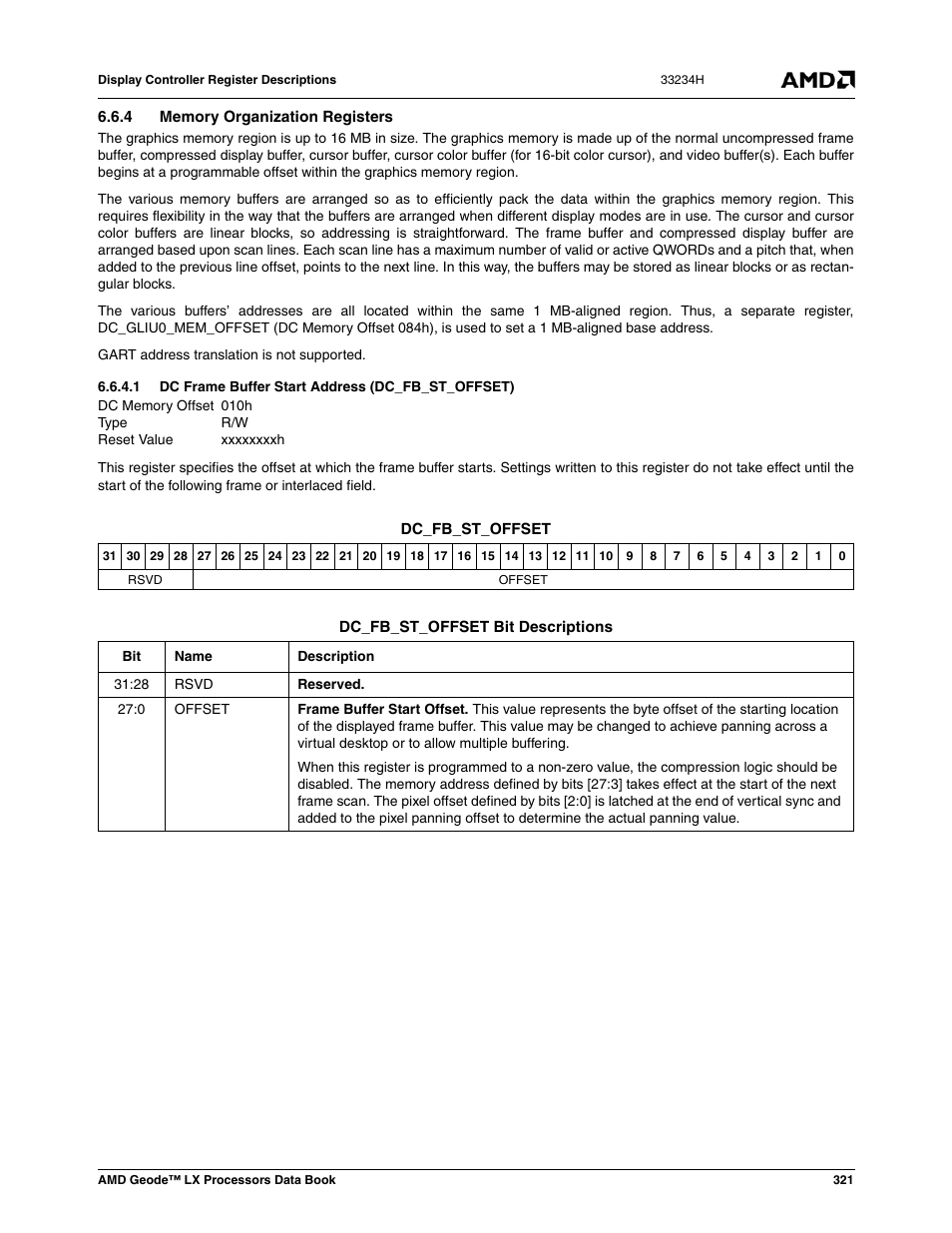 4 memory organization registers, 1 dc frame buffer start address (dc_fb_st_offset), Dc frame buffer start address (dc_fb_st_offset) | AMD Geode LX 800@0.9W User Manual | Page 321 / 680