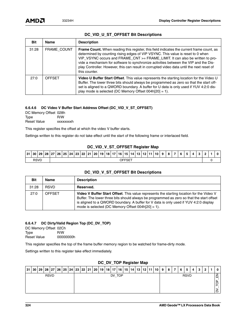 7 dc dirty/valid region top (dc_dv_top), 02ch, Dc dirty/valid region top (dc_dv_top) | 00000000h | AMD Geode LX 800@0.9W User Manual | Page 324 / 680