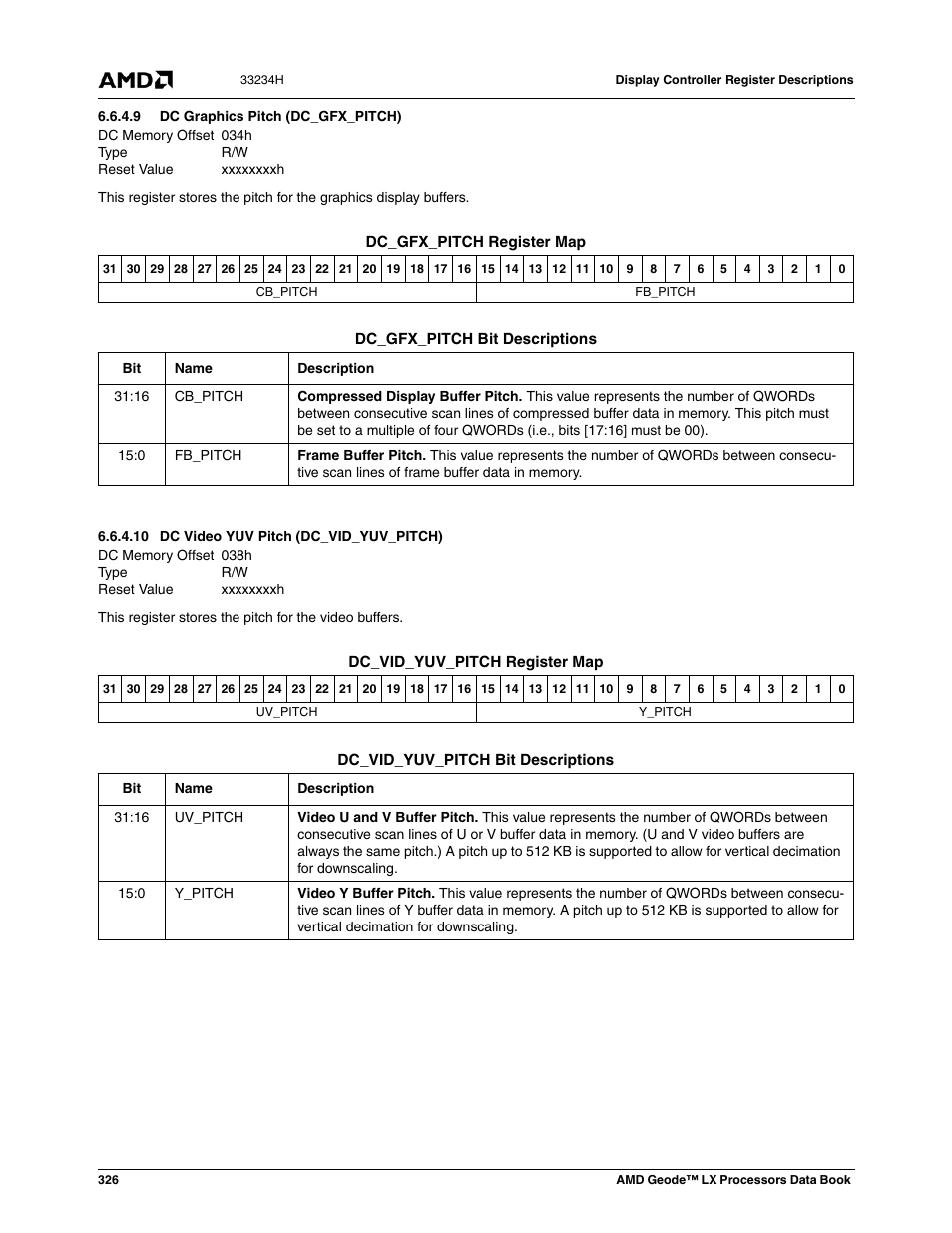 9 dc graphics pitch (dc_gfx_pitch), 10 dc video yuv pitch (dc_vid_yuv_pitch), Dc graphics pitch (dc_gfx_pitch) | Dc video yuv pitch (dc_vid_yuv_pitch) | AMD Geode LX 800@0.9W User Manual | Page 326 / 680