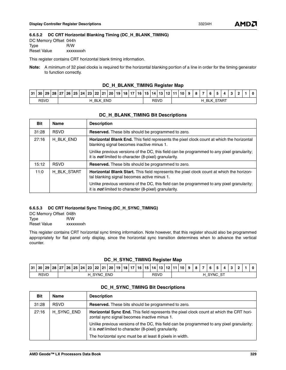 3 dc crt horizontal sync timing (dc_h_sync_timing), Dc crt horizontal sync timing (dc_h_sync_timing) | AMD Geode LX 800@0.9W User Manual | Page 329 / 680