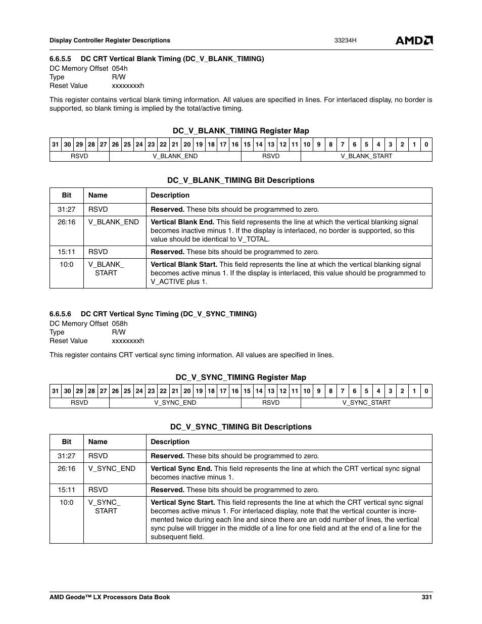 5 dc crt vertical blank timing (dc_v_blank_timing), 6 dc crt vertical sync timing (dc_v_sync_timing), Dc crt vertical blank timing (dc_v_blank_timing) | Dc crt vertical sync timing (dc_v_sync_timing) | AMD Geode LX 800@0.9W User Manual | Page 331 / 680