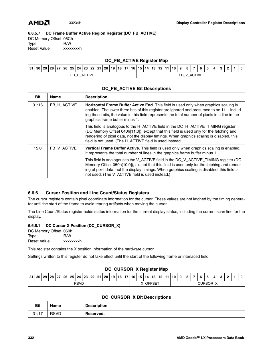 6 cursor position and line count/status registers, 1 dc cursor x position (dc_cursor_x), 05ch | Xxxxxxxxh, Dc cursor x position (dc_cursor_x) | AMD Geode LX 800@0.9W User Manual | Page 332 / 680