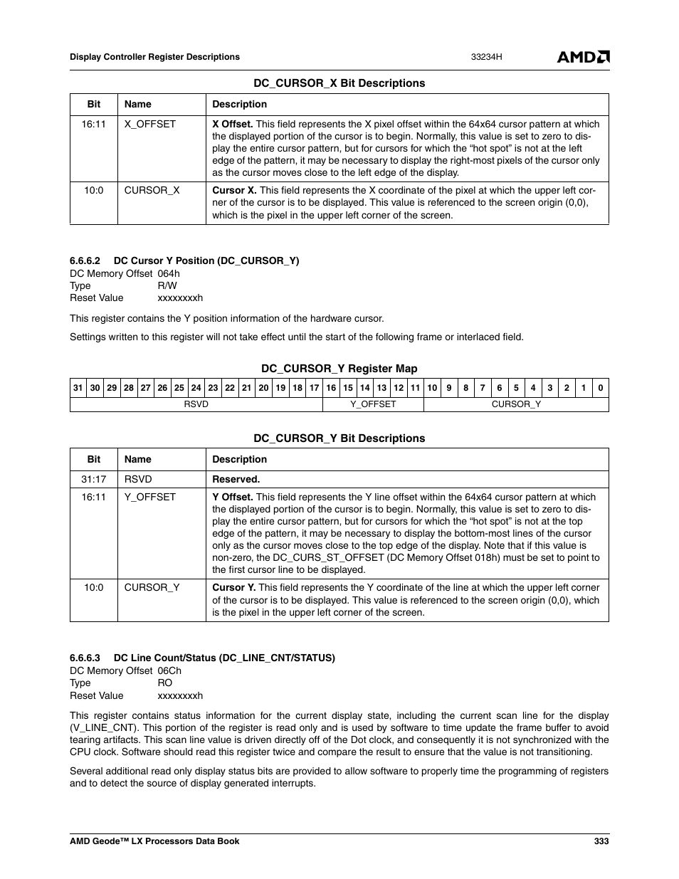 2 dc cursor y position (dc_cursor_y), 3 dc line count/status (dc_line_cnt/status), Dc cursor y position (dc_cursor_y) | Dc line count/status (dc_line_cnt/status) | AMD Geode LX 800@0.9W User Manual | Page 333 / 680