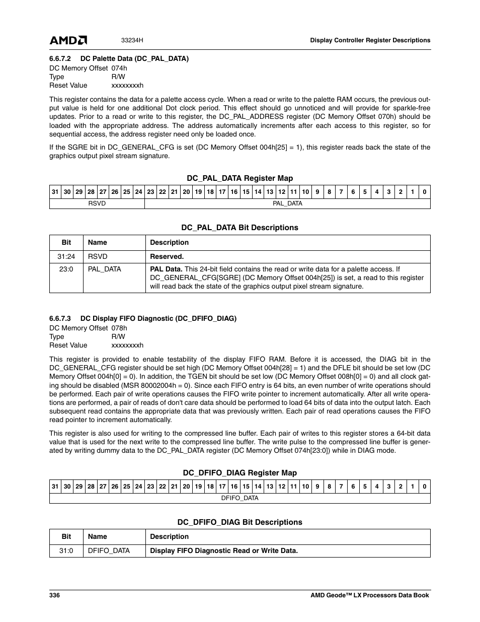2 dc palette data (dc_pal_data), 3 dc display fifo diagnostic (dc_dfifo_diag), Dc palette data (dc_pal_data) | Dc display fifo diagnostic (dc_dfifo_diag) | AMD Geode LX 800@0.9W User Manual | Page 336 / 680