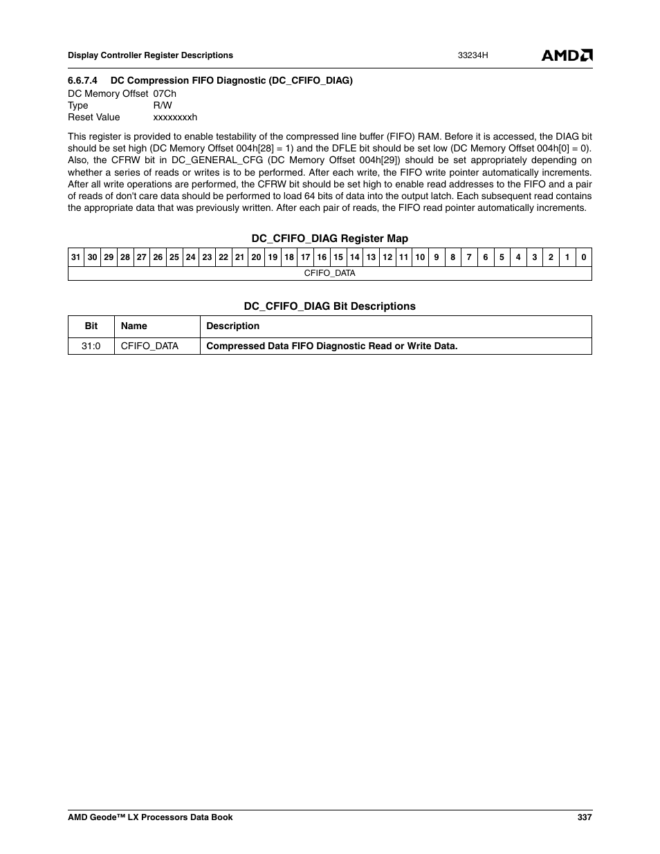 4 dc compression fifo diagnostic (dc_cfifo_diag), Dc compression fifo diagnostic (dc_cfifo_diag) | AMD Geode LX 800@0.9W User Manual | Page 337 / 680