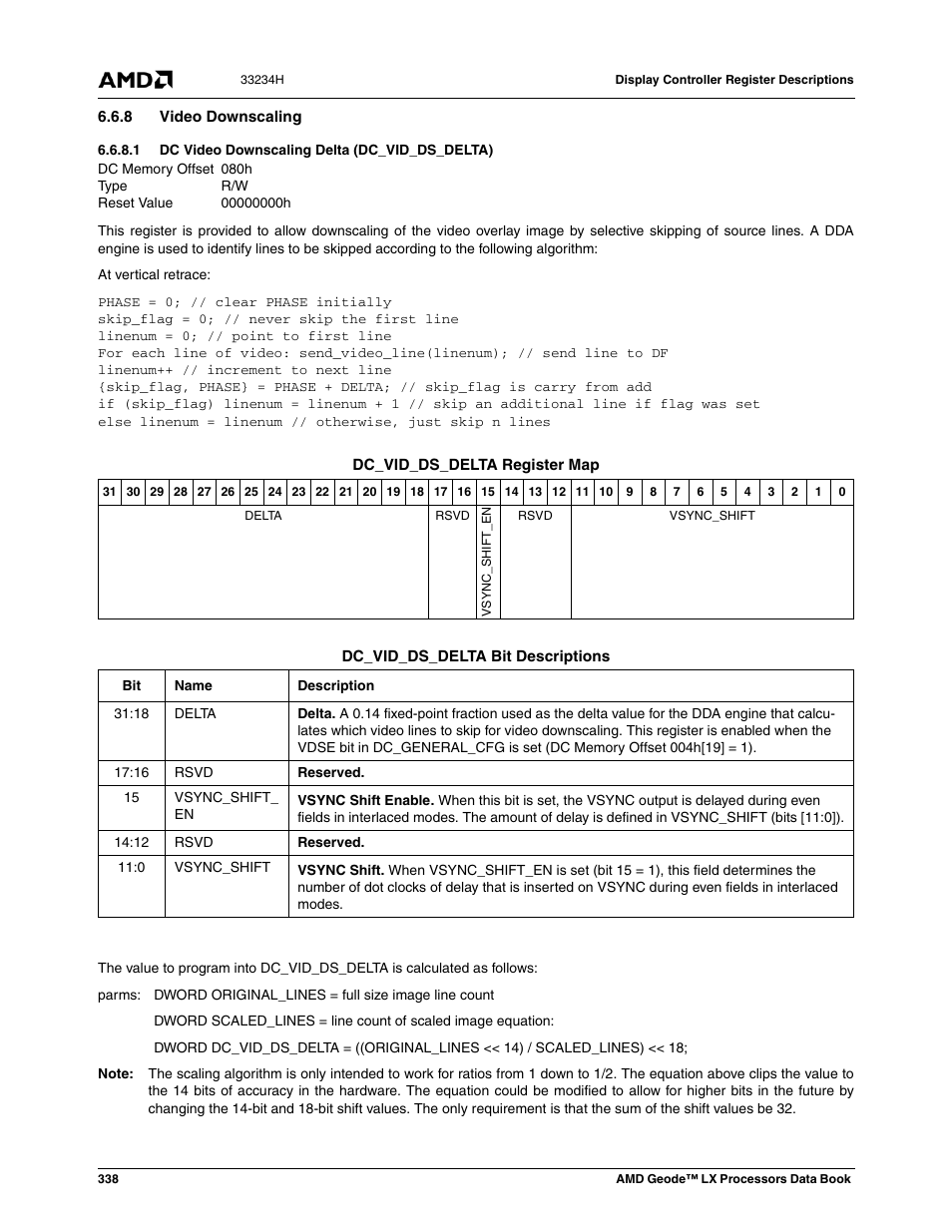 8 video downscaling, 1 dc video downscaling delta (dc_vid_ds_delta), Dc video downscaling delta (dc_vid_ds_delta) | AMD Geode LX 800@0.9W User Manual | Page 338 / 680