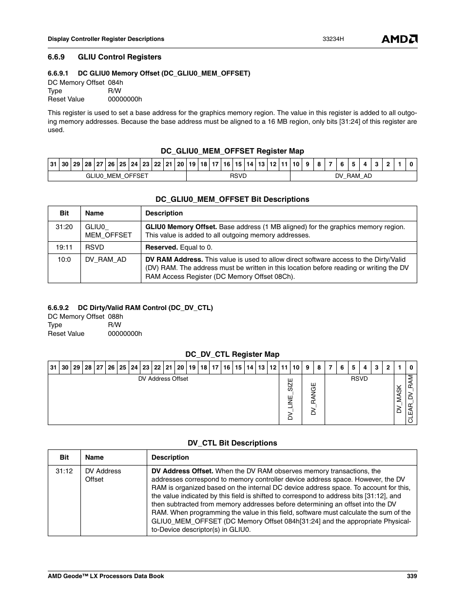 9 gliu control registers, 1 dc gliu0 memory offset (dc_gliu0_mem_offset), 2 dc dirty/valid ram control (dc_dv_ctl) | Dc gliu0 memory offset (dc_gliu0_mem_offset), Dc dirty/valid ram control (dc_dv_ctl) | AMD Geode LX 800@0.9W User Manual | Page 339 / 680