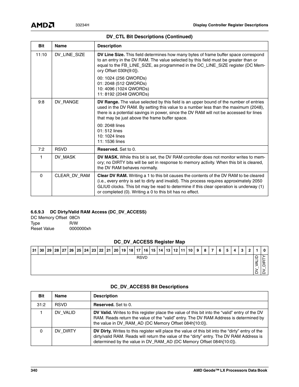 3 dc dirty/valid ram access (dc_dv_access), 08ch, Dc dirty/valid ram access (dc_dv_access) | 0000000xh | AMD Geode LX 800@0.9W User Manual | Page 340 / 680