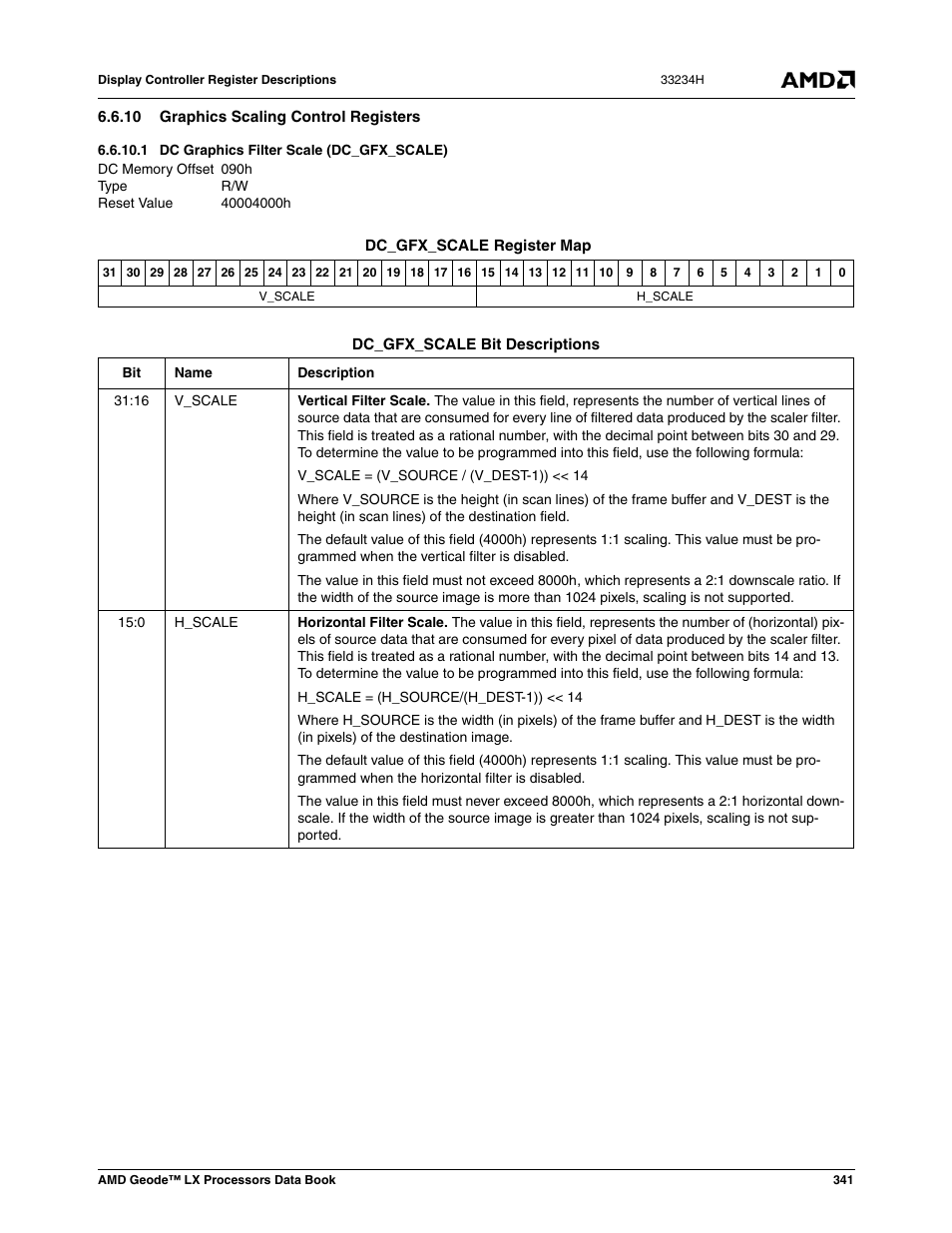 10 graphics scaling control registers, 1 dc graphics filter scale (dc_gfx_scale), 090h | Dc graphics filter scale (dc_gfx_scale), 40004000h | AMD Geode LX 800@0.9W User Manual | Page 341 / 680