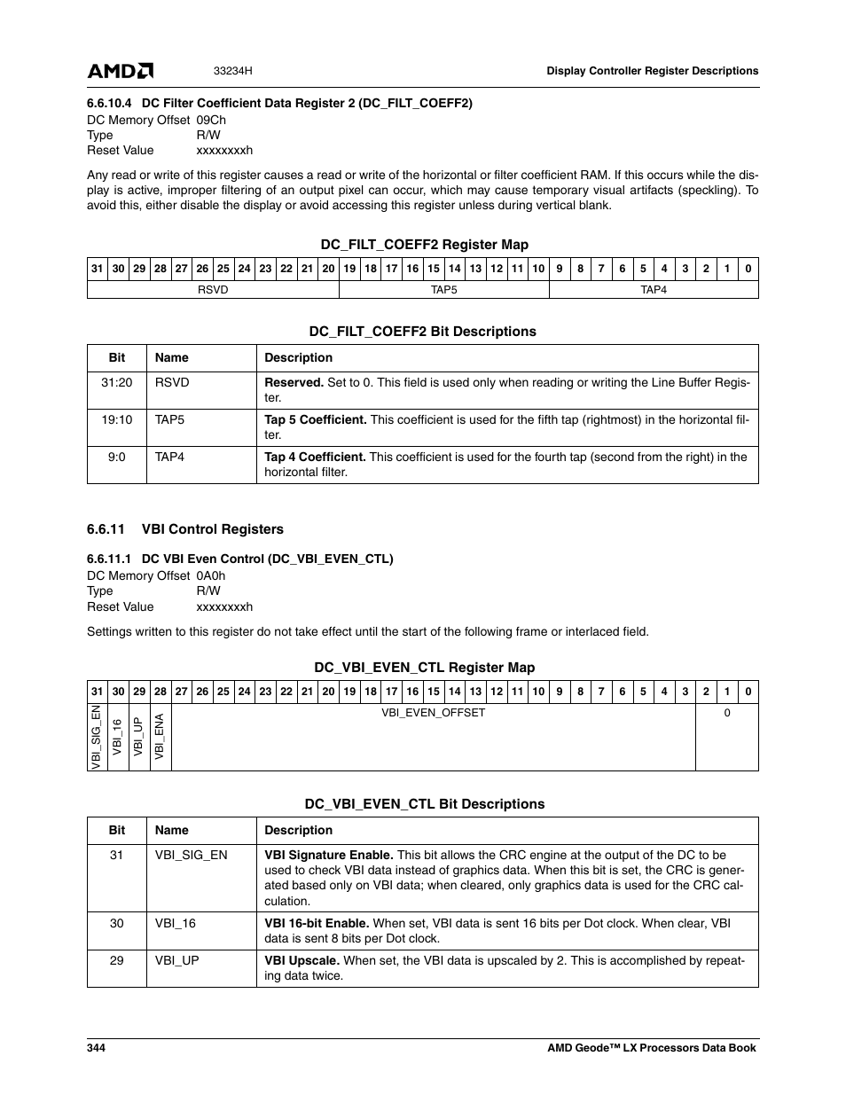 11 vbi control registers, 1 dc vbi even control (dc_vbi_even_ctl), 09ch | Xxxxxxxxh, 0a0h, Dc vbi even control (dc_vbi_even_ctl) | AMD Geode LX 800@0.9W User Manual | Page 344 / 680