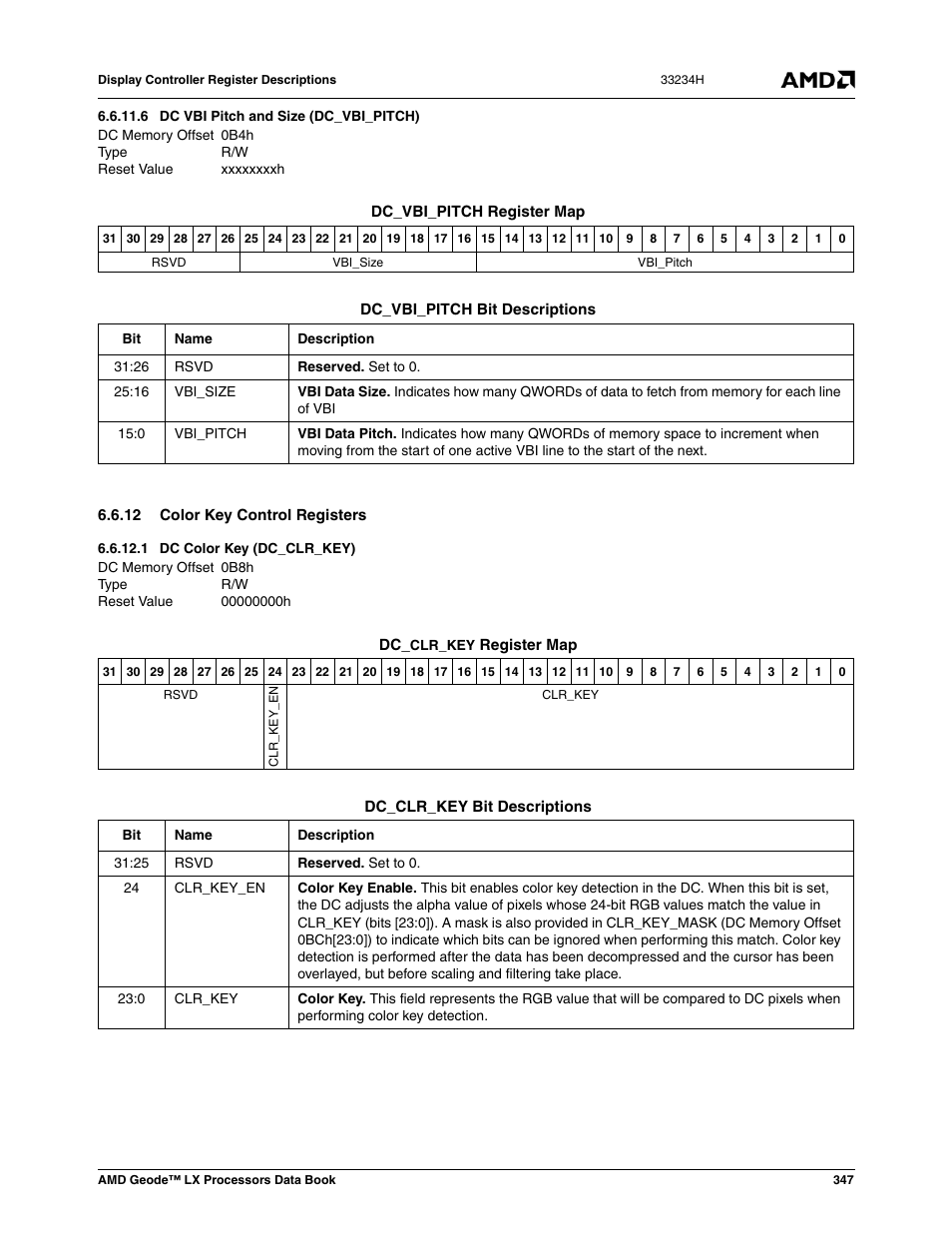 6 dc vbi pitch and size (dc_vbi_pitch), 12 color key control registers, 1 dc color key (dc_clr_key) | 0b4h, Dc vbi pitch and size (dc_vbi_pitch), Xxxxxxxxh, 0b8h, Dc color key (dc_clr_key), 00000000h | AMD Geode LX 800@0.9W User Manual | Page 347 / 680