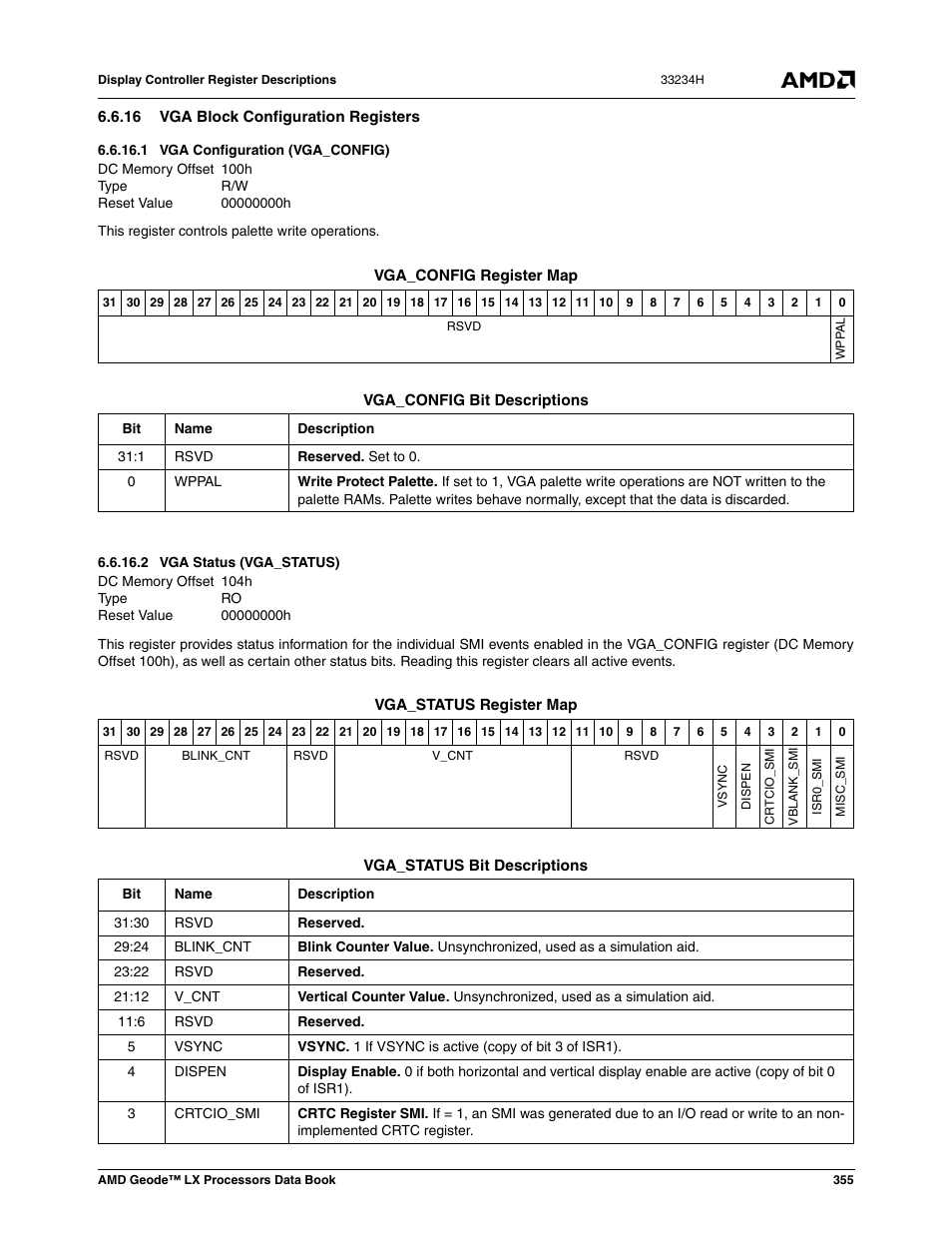 16 vga block configuration registers, 1 vga configuration (vga_config), 2 vga status (vga_status) | Vga configuration (vga_config), Vga status (vga_status) | AMD Geode LX 800@0.9W User Manual | Page 355 / 680