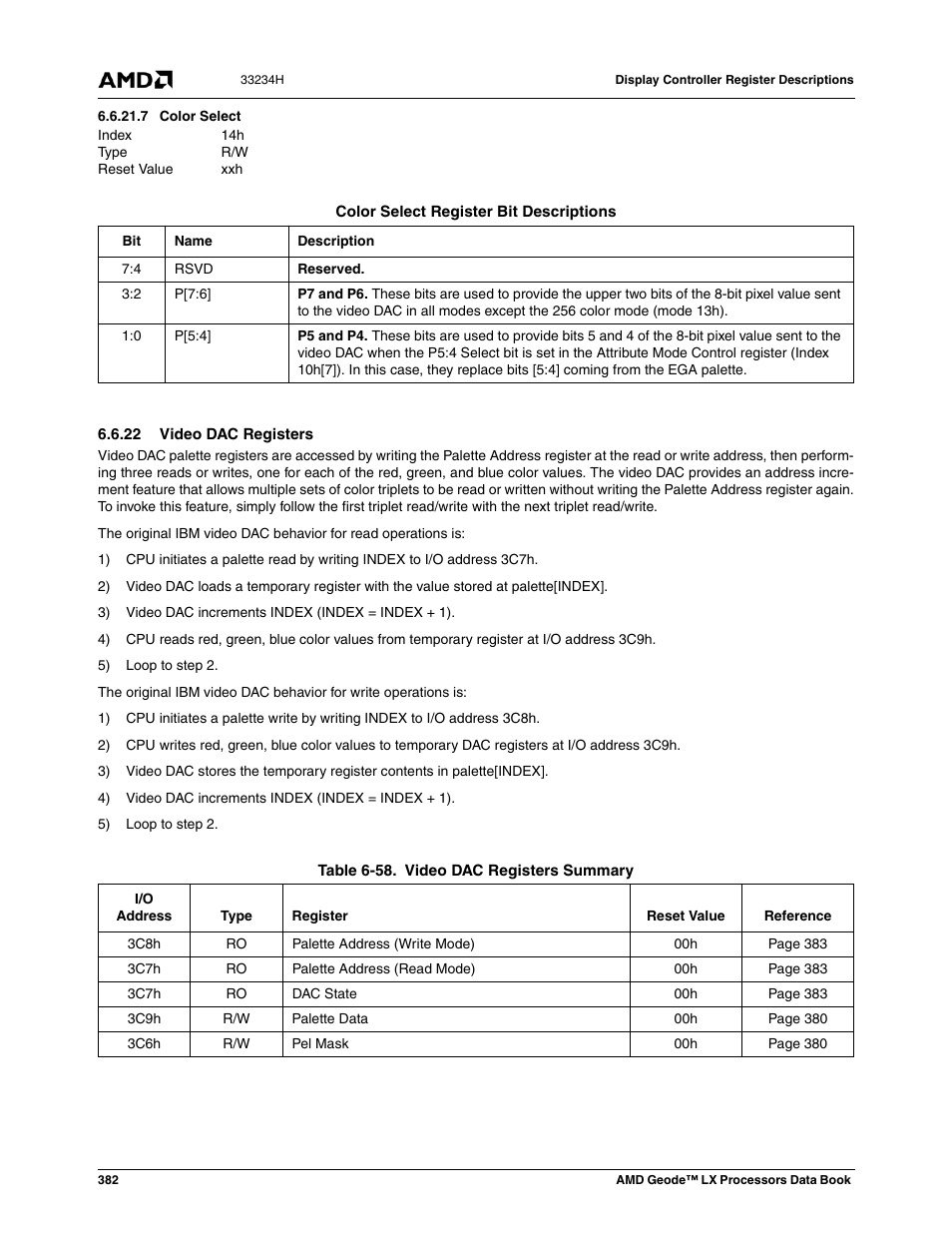 7 color select, 22 video dac registers, Table 6-58 | Video dac registers summary, Color select | AMD Geode LX 800@0.9W User Manual | Page 382 / 680