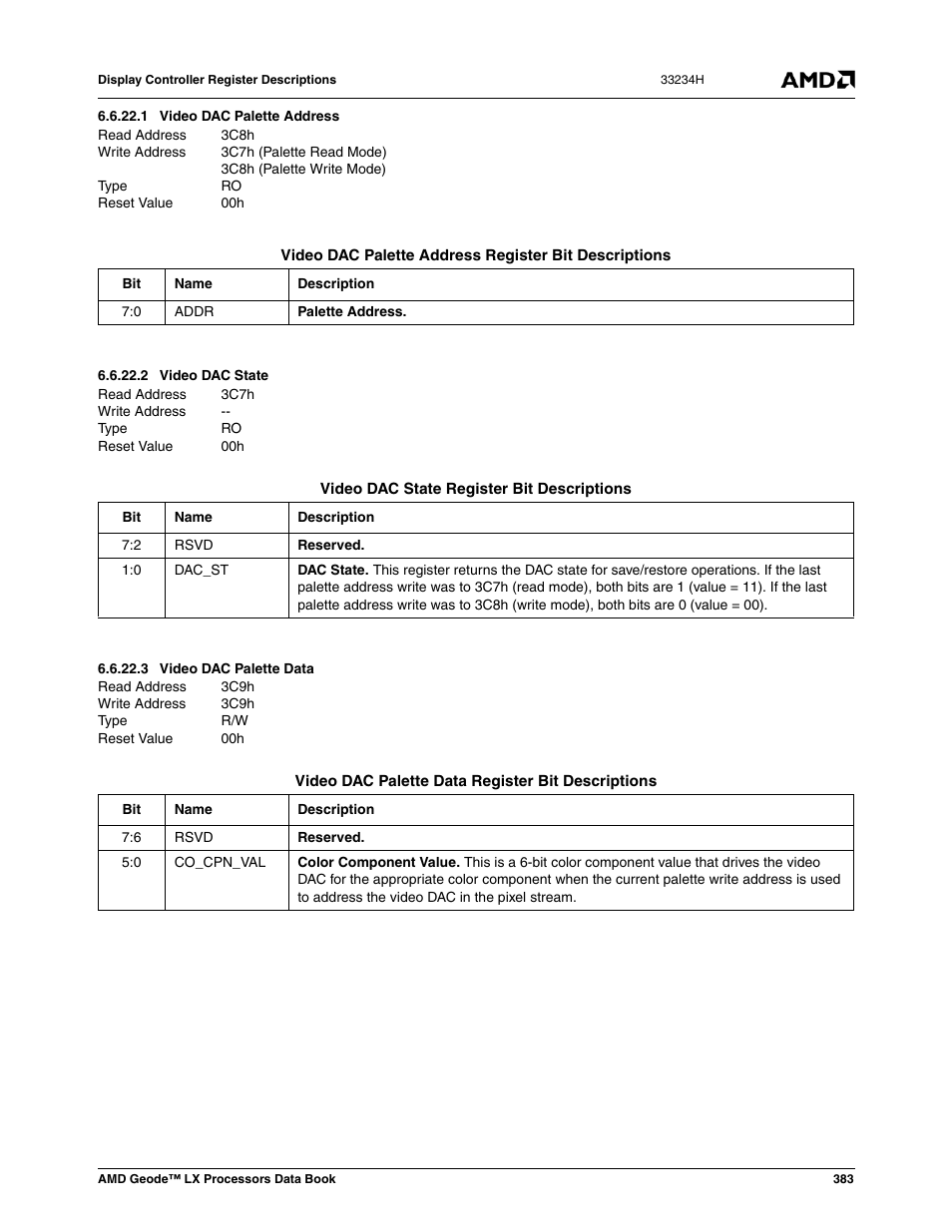 1 video dac palette address, 2 video dac state, 3 video dac palette data | Video dac palette address, Video dac state, Video dac palette data | AMD Geode LX 800@0.9W User Manual | Page 383 / 680