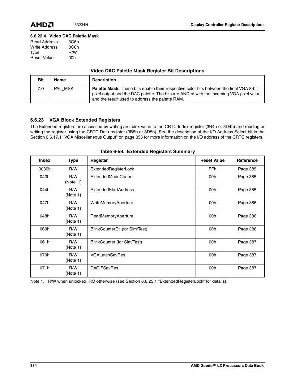 4 video dac palette mask, 23 vga block extended registers, Table 6-59 | Extended registers summary, Video dac palette mask | AMD Geode LX 800@0.9W User Manual | Page 384 / 680