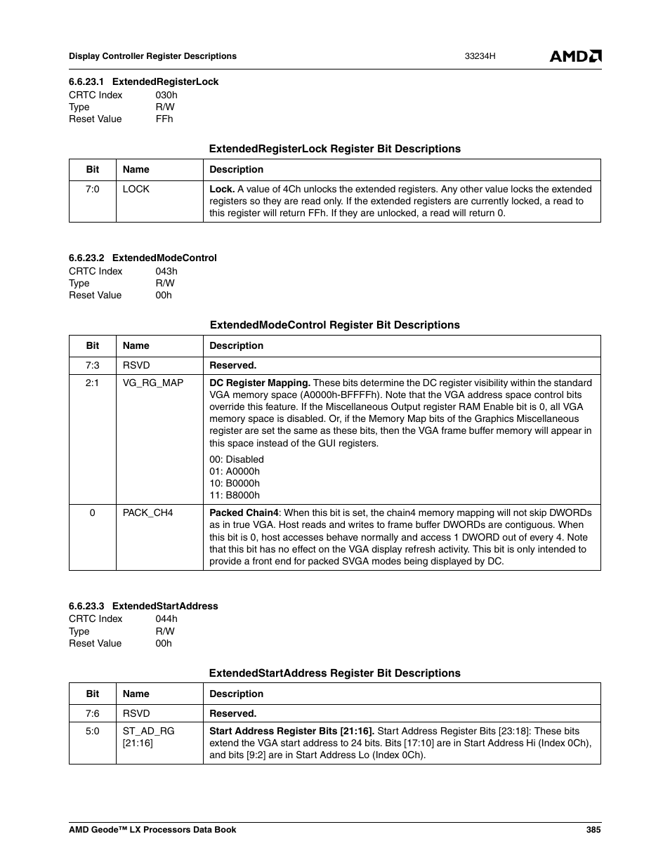 1 extendedregisterlock, 2 extendedmodecontrol, 3 extendedstartaddress | Extendedregisterlock, Extendedstartaddress, Extendedmodecontrol | AMD Geode LX 800@0.9W User Manual | Page 385 / 680