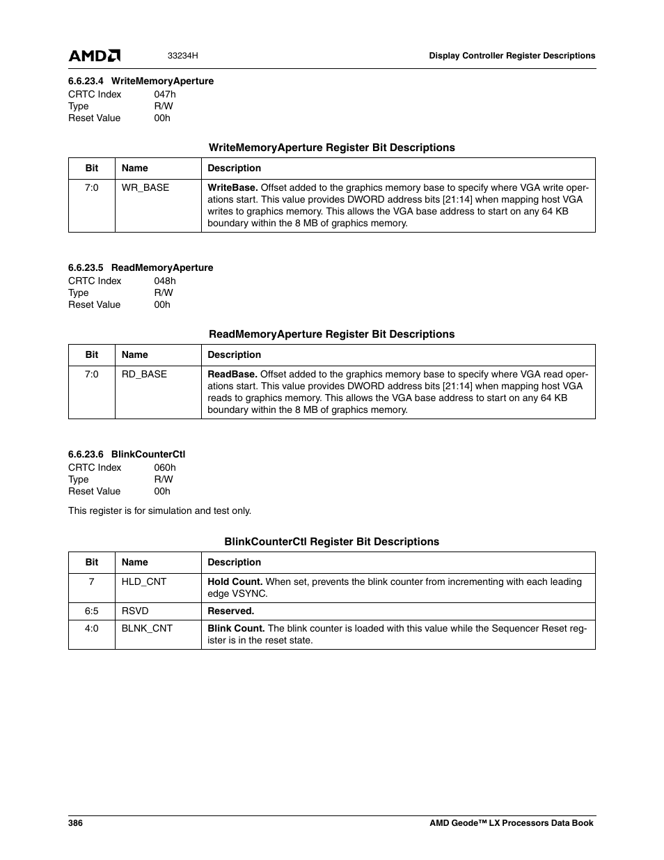 4 writememoryaperture, 5 readmemoryaperture, 6 blinkcounterctl | Writememoryaperture, Readmemoryaperture, Blinkcounterctl, Blinkcounterctl (f | AMD Geode LX 800@0.9W User Manual | Page 386 / 680