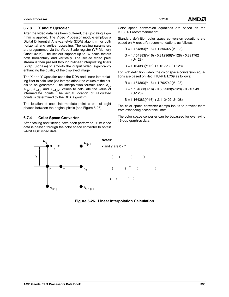 3 x and y upscaler, 4 color space converter, Figure 6-26 | Linear interpolation calculation | AMD Geode LX 800@0.9W User Manual | Page 393 / 680