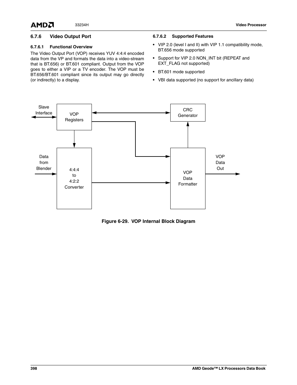 6 video output port, 1 functional overview, 2 supported features | Figure 6-29, Vop internal block diagram | AMD Geode LX 800@0.9W User Manual | Page 398 / 680