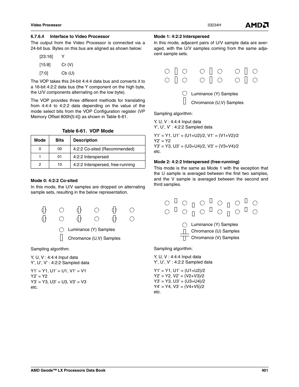 4 interface to video processor, Table 6-61, Vop mode | AMD Geode LX 800@0.9W User Manual | Page 401 / 680