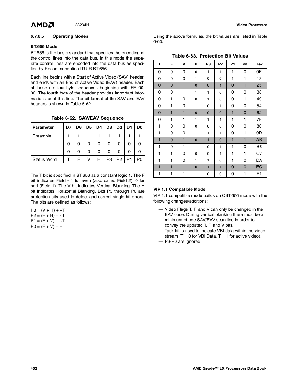 5 operating modes, Table 6-62, Sav/eav sequence | Table 6-63, Protection bit values | AMD Geode LX 800@0.9W User Manual | Page 402 / 680