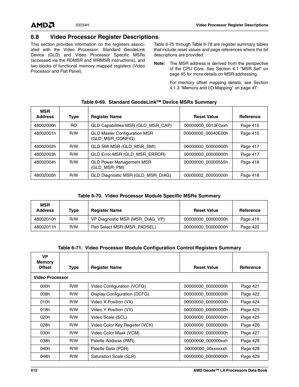 8 video processor register descriptions, Video processor register descriptions, Table 6-69 | Standard geodelink™ device msrs summary, Table 6-70, Video processor module specific msrs summary, Table 6-71 | AMD Geode LX 800@0.9W User Manual | Page 412 / 680