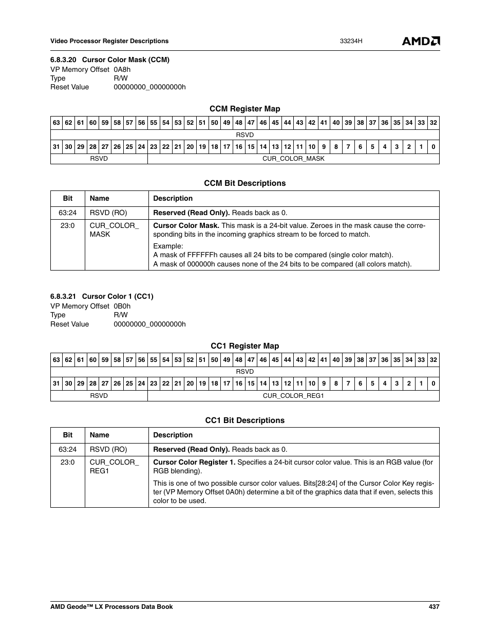20 cursor color mask (ccm), 21 cursor color 1 (cc1), Cursor color mask (ccm) | Cursor color 1 (cc1) | AMD Geode LX 800@0.9W User Manual | Page 437 / 680