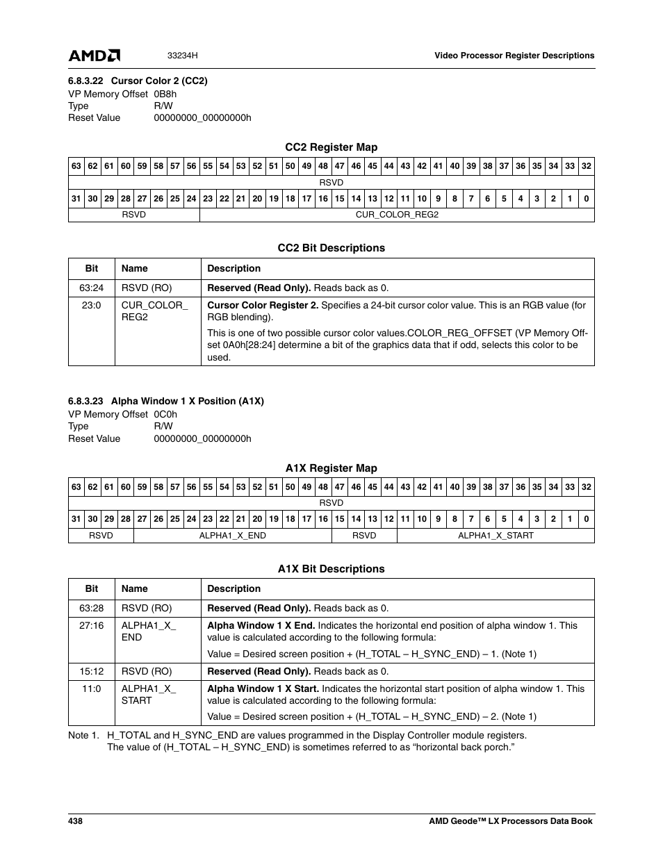 22 cursor color 2 (cc2), 23 alpha window 1 x position (a1x), Cursor color 2 (cc2) | Alpha window 1 x position (a1x) | AMD Geode LX 800@0.9W User Manual | Page 438 / 680