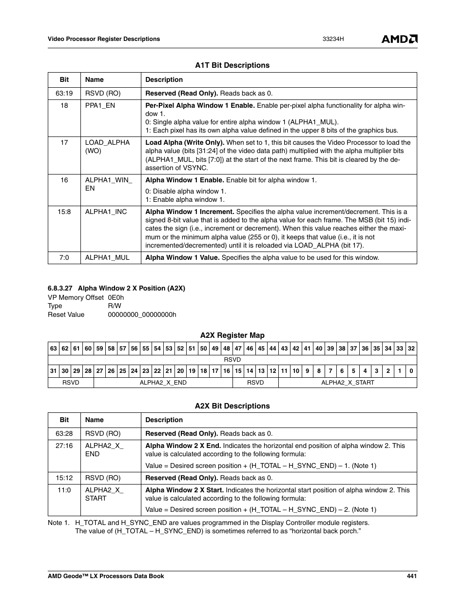 27 alpha window 2 x position (a2x), Alpha window 2 x position (a2x) | AMD Geode LX 800@0.9W User Manual | Page 441 / 680