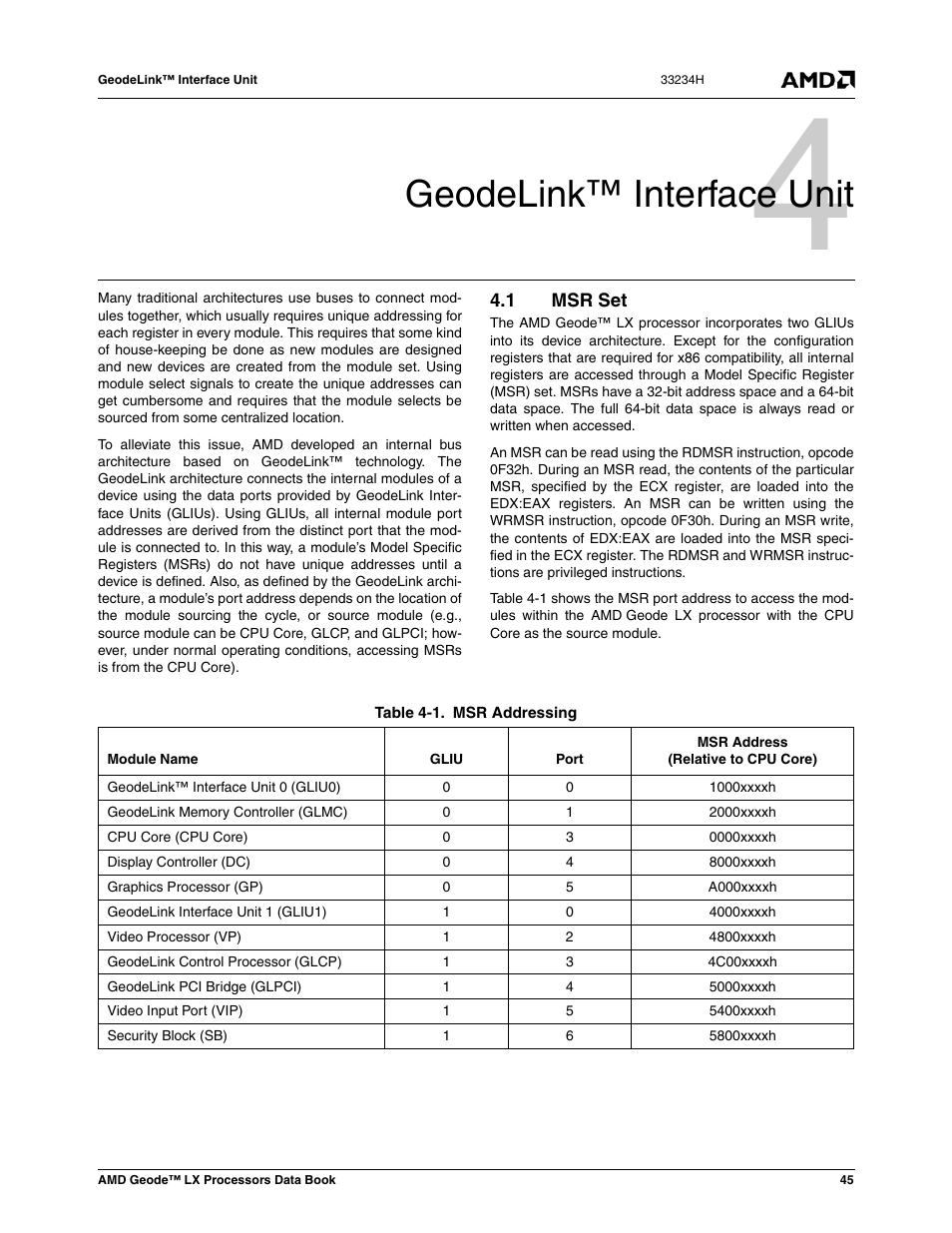 Geodelink™ interface unit, 1 msr set, Msr set | Table 4-1, Msr addressing, 0 geodelink™ interface unit | AMD Geode LX 800@0.9W User Manual | Page 45 / 680