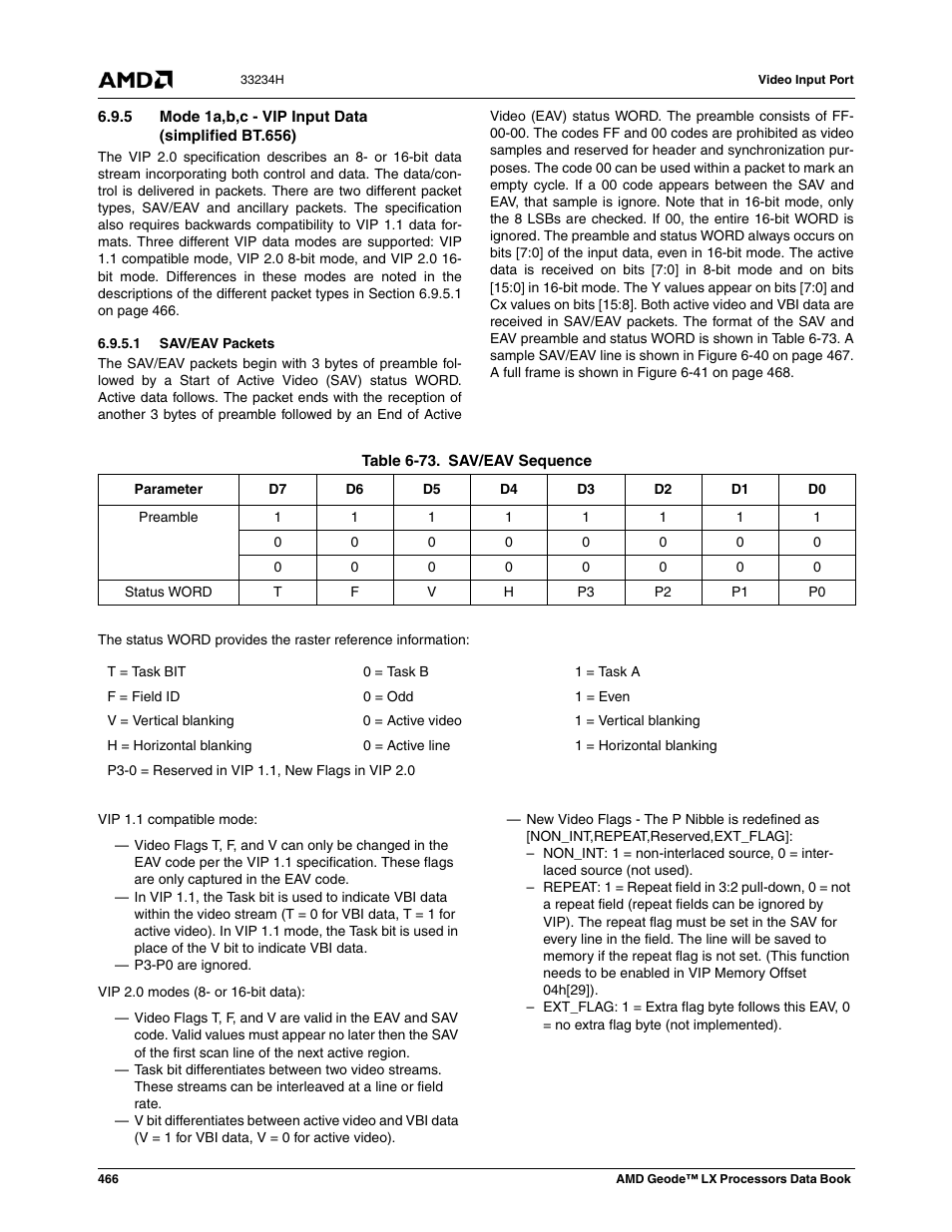 5 mode 1a,b,c - vip input data (simplified bt.656), 1 sav/eav packets, Table 6-73 | Sav/eav sequence | AMD Geode LX 800@0.9W User Manual | Page 466 / 680