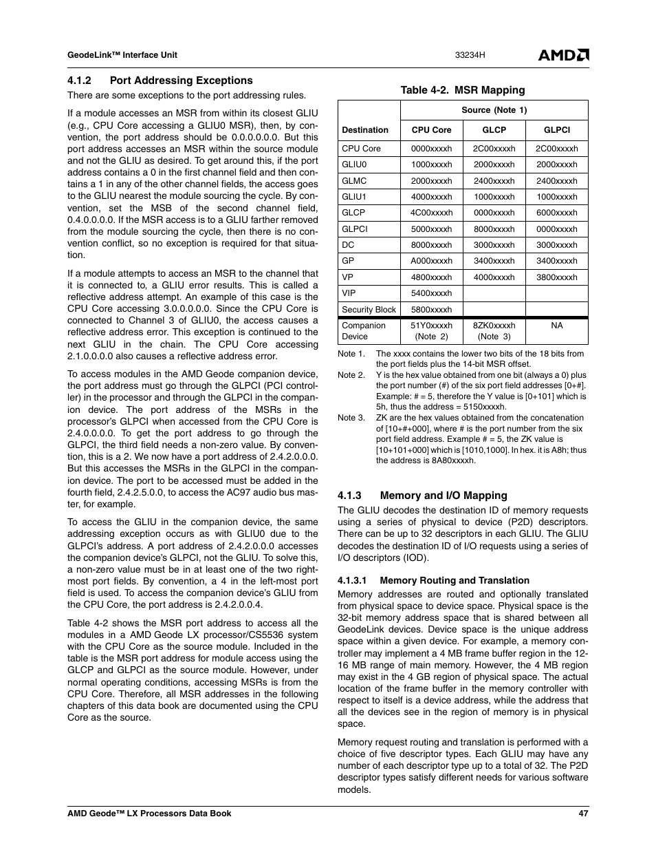 2 port addressing exceptions, 3 memory and i/o mapping, 1 memory routing and translation | Table 4-2, Msr mapping | AMD Geode LX 800@0.9W User Manual | Page 47 / 680