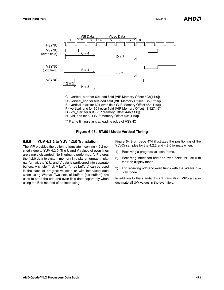 9 yuv 4:2:2 to yuv 4:2:0 translation, Figure 6-48, Bt.601 mode vertical timing | Nd figure 6-48 | AMD Geode LX 800@0.9W User Manual | Page 473 / 680