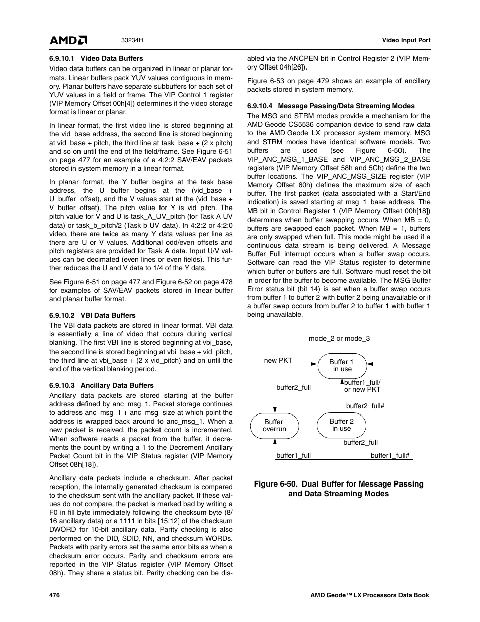 1 video data buffers, 2 vbi data buffers, 3 ancillary data buffers | 4 message passing/data streaming modes, Figure 6-50 | AMD Geode LX 800@0.9W User Manual | Page 476 / 680