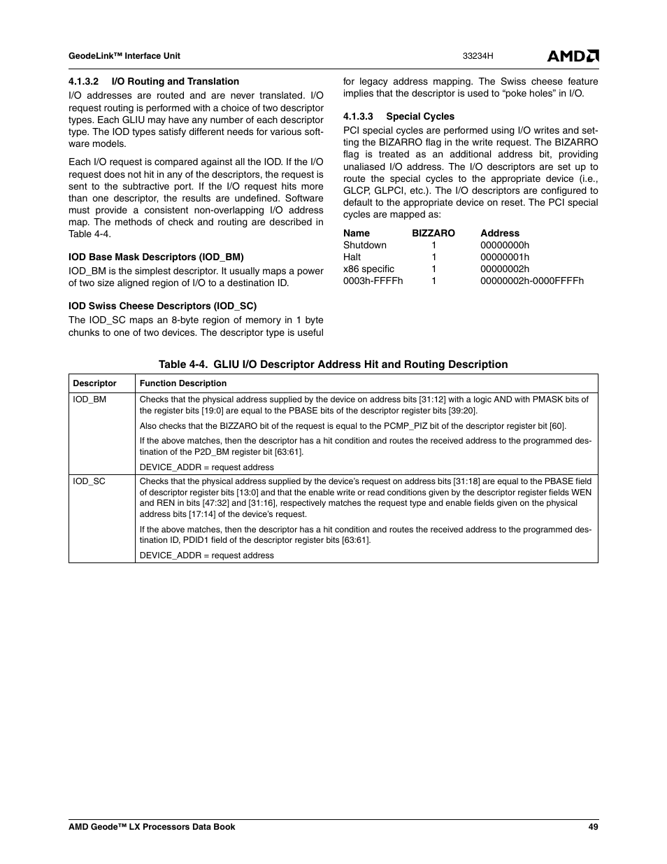 2 i/o routing and translation, 3 special cycles, Table 4-4 | AMD Geode LX 800@0.9W User Manual | Page 49 / 680