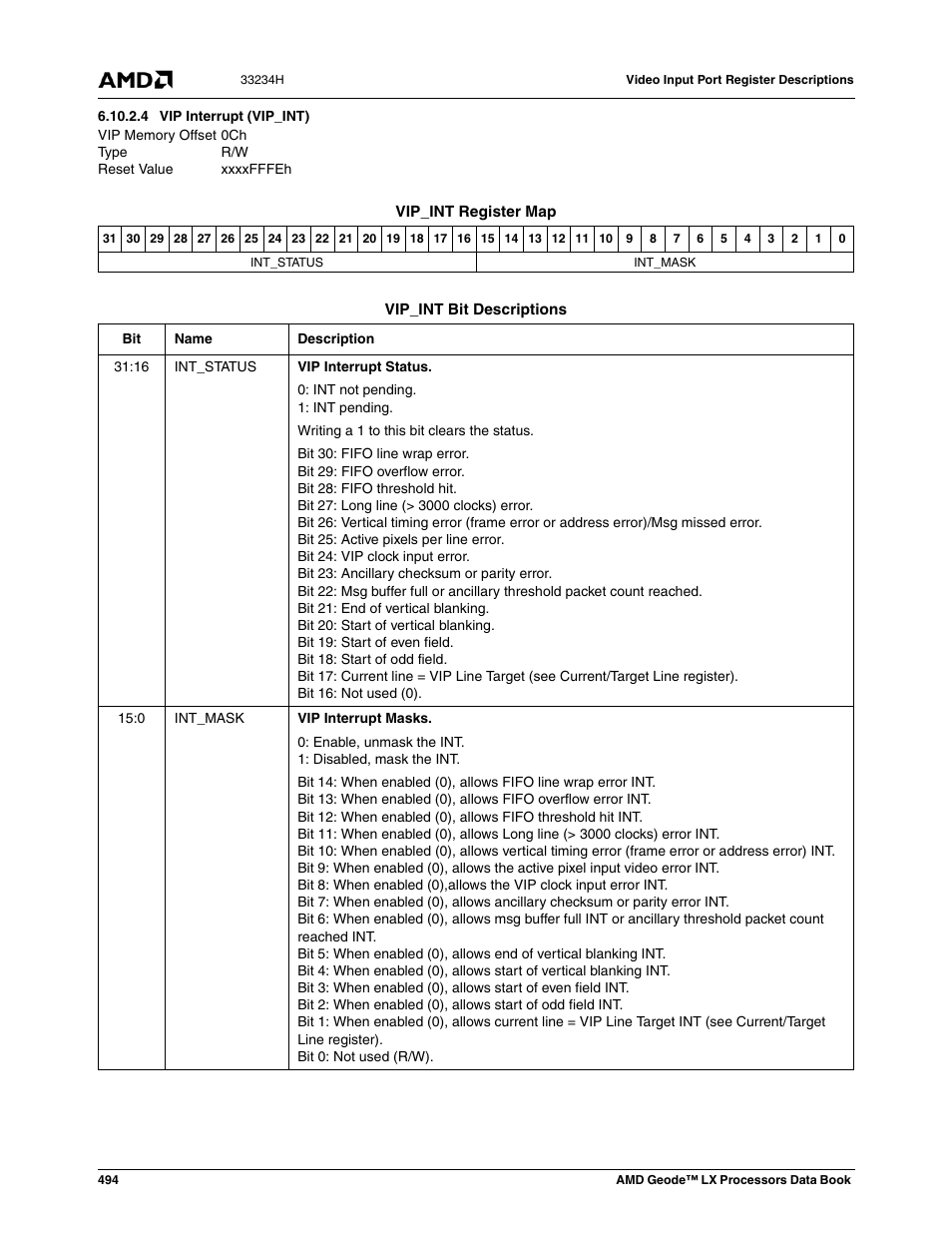 4 vip interrupt (vip_int), Vip interrupt (vip_int), Xxxxfffeh | AMD Geode LX 800@0.9W User Manual | Page 494 / 680