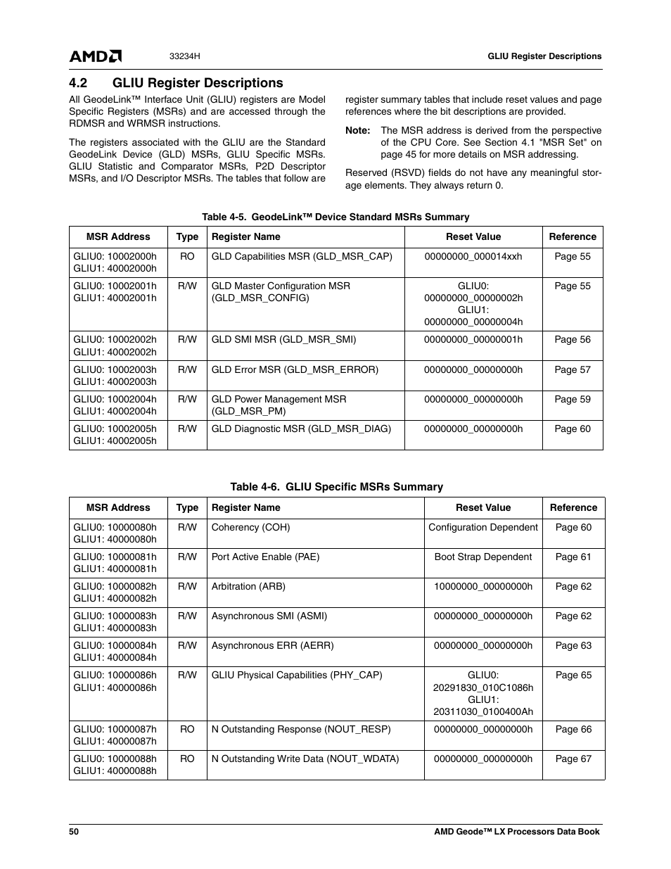 2 gliu register descriptions, Gliu register descriptions, Table 4-5 | Table 4-6, Gliu specific msrs summary | AMD Geode LX 800@0.9W User Manual | Page 50 / 680