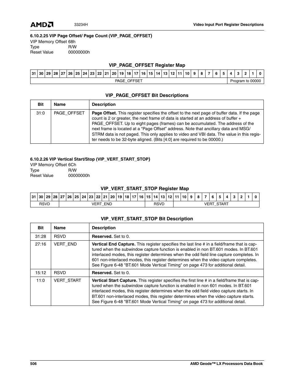 26 vip vertical start/stop (vip_vert_start_stop), 00000000h, Vip vertical start/stop (vip_vert_start_stop) | AMD Geode LX 800@0.9W User Manual | Page 506 / 680