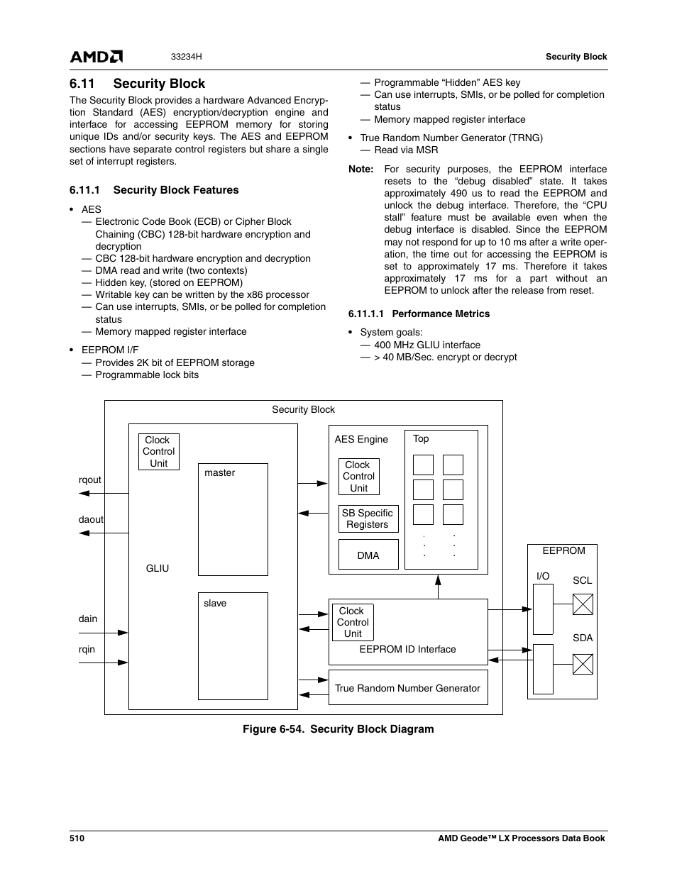 11 security block, 1 security block features, 1 performance metrics | Security block, Figure 6-54, Security block diagram | AMD Geode LX 800@0.9W User Manual | Page 510 / 680