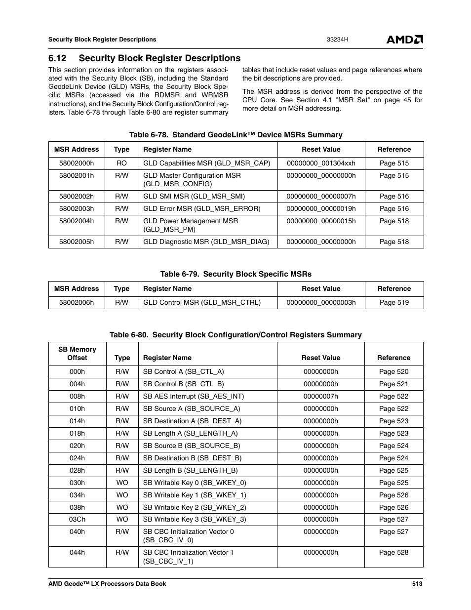 12 security block register descriptions, Security block register descriptions, Table 6-78 | Standard geodelink™ device msrs summary, Table 6-79, Security block specific msrs, Table 6-80 | AMD Geode LX 800@0.9W User Manual | Page 513 / 680