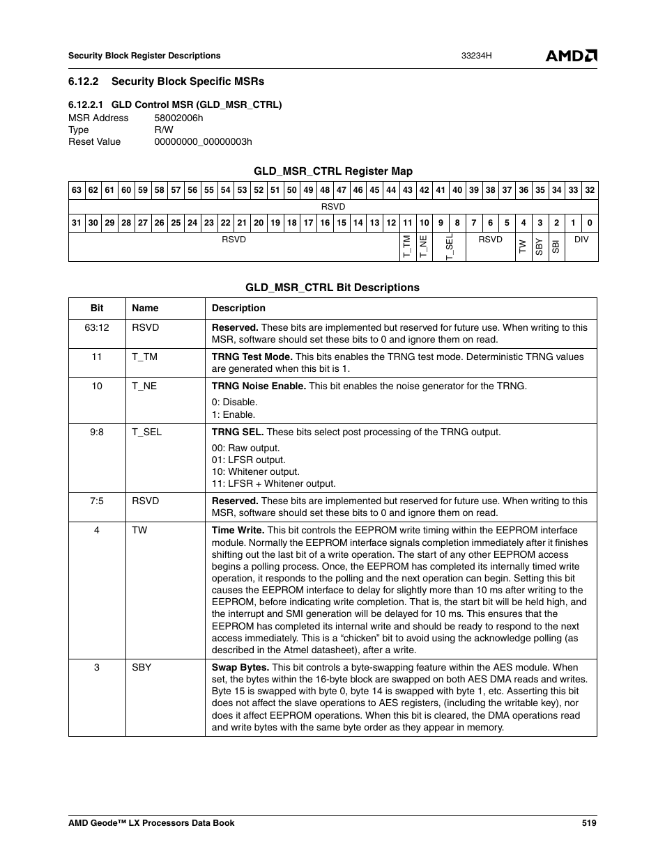 2 security block specific msrs, 1 gld control msr (gld_msr_ctrl), Gld control msr (gld_msr_ctrl) | AMD Geode LX 800@0.9W User Manual | Page 519 / 680