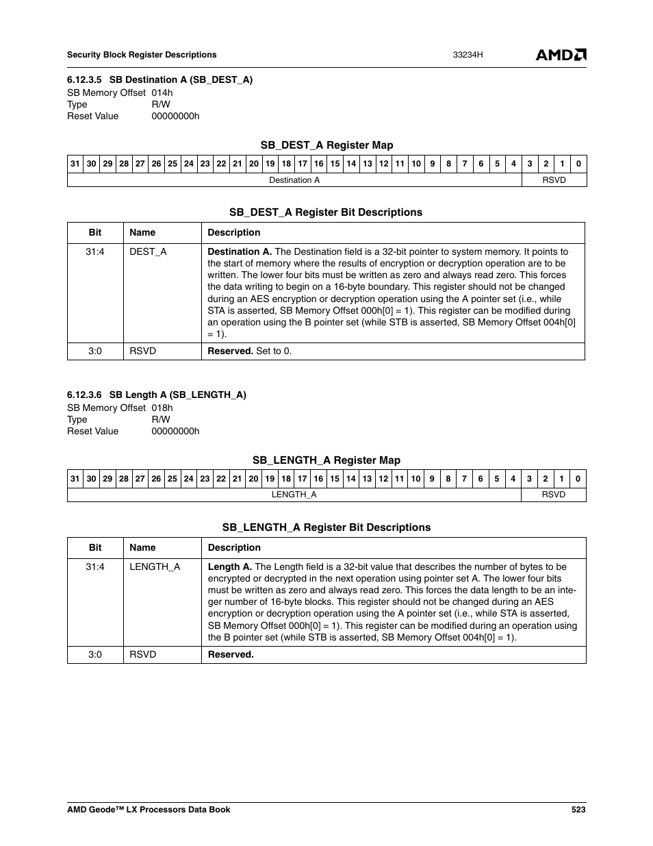 5 sb destination a (sb_dest_a), 6 sb length a (sb_length_a), 014h | Sb destination a (sb_dest_a), 00000000h, 018h, Sb length a (sb_length_a) | AMD Geode LX 800@0.9W User Manual | Page 523 / 680