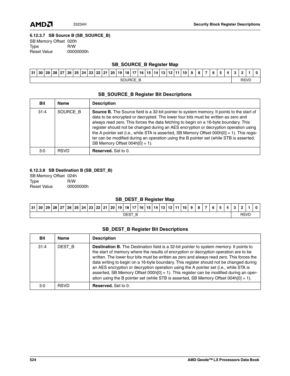 7 sb source b (sb_source_b), 8 sb destination b (sb_dest_b), 020h | Sb source b (sb_source_b), 00000000h, 024h, Sb destination b (sb_dest_b) | AMD Geode LX 800@0.9W User Manual | Page 524 / 680