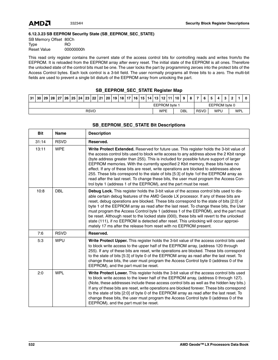 23 sb eeprom security state (sb_eeprom_sec_state), 80ch, Sb eeprom security state (sb_eeprom_sec_state) | 00000000h | AMD Geode LX 800@0.9W User Manual | Page 532 / 680