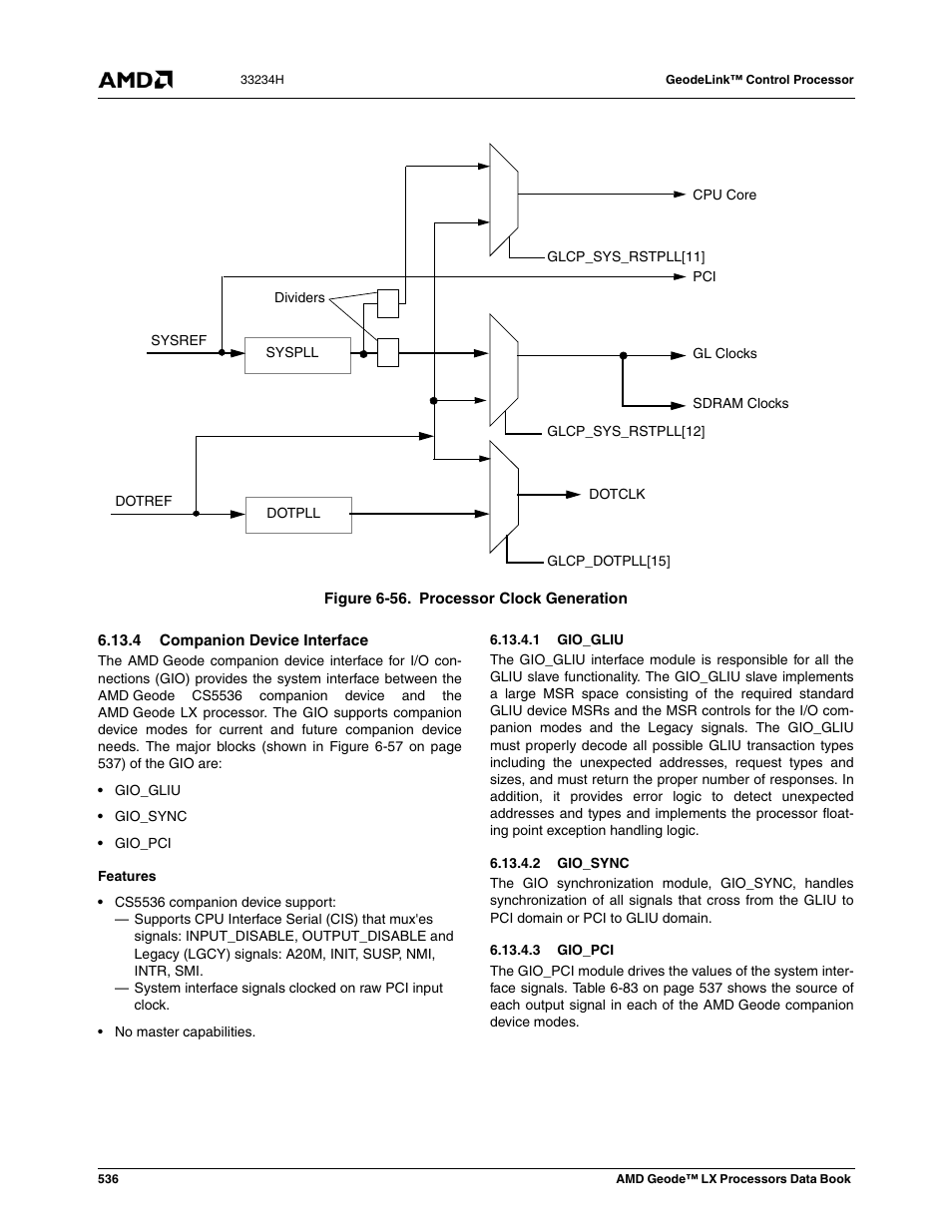 4 companion device interface, 1 gio_gliu, 2 gio_sync | 3 gio_pci, Figure 6-56, Processor clock generation | AMD Geode LX 800@0.9W User Manual | Page 536 / 680