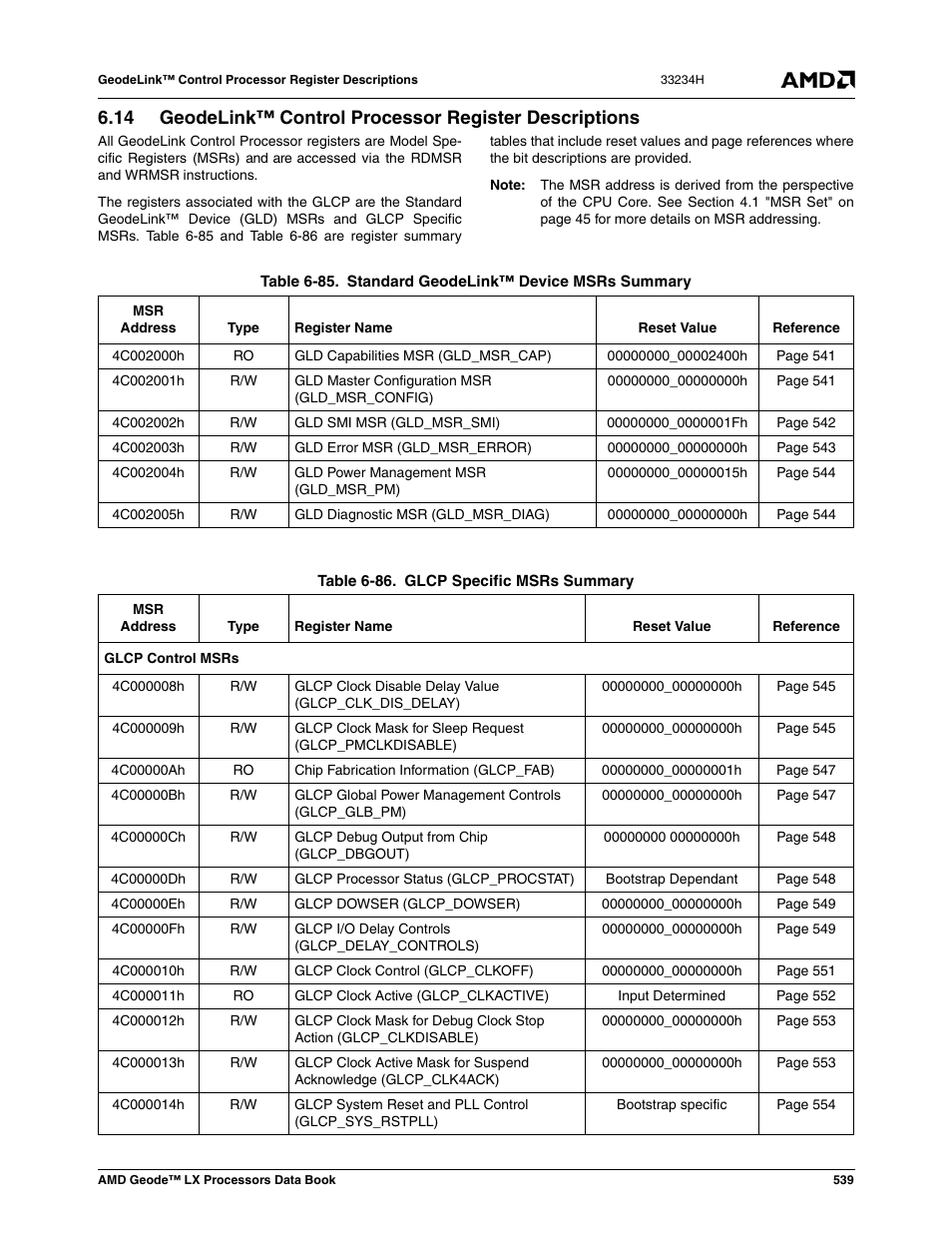 Geodelink™ control processor register descriptions, Table 6-85, Standard geodelink™ device msrs summary | Table 6-86, Glcp specific msrs summary | AMD Geode LX 800@0.9W User Manual | Page 539 / 680