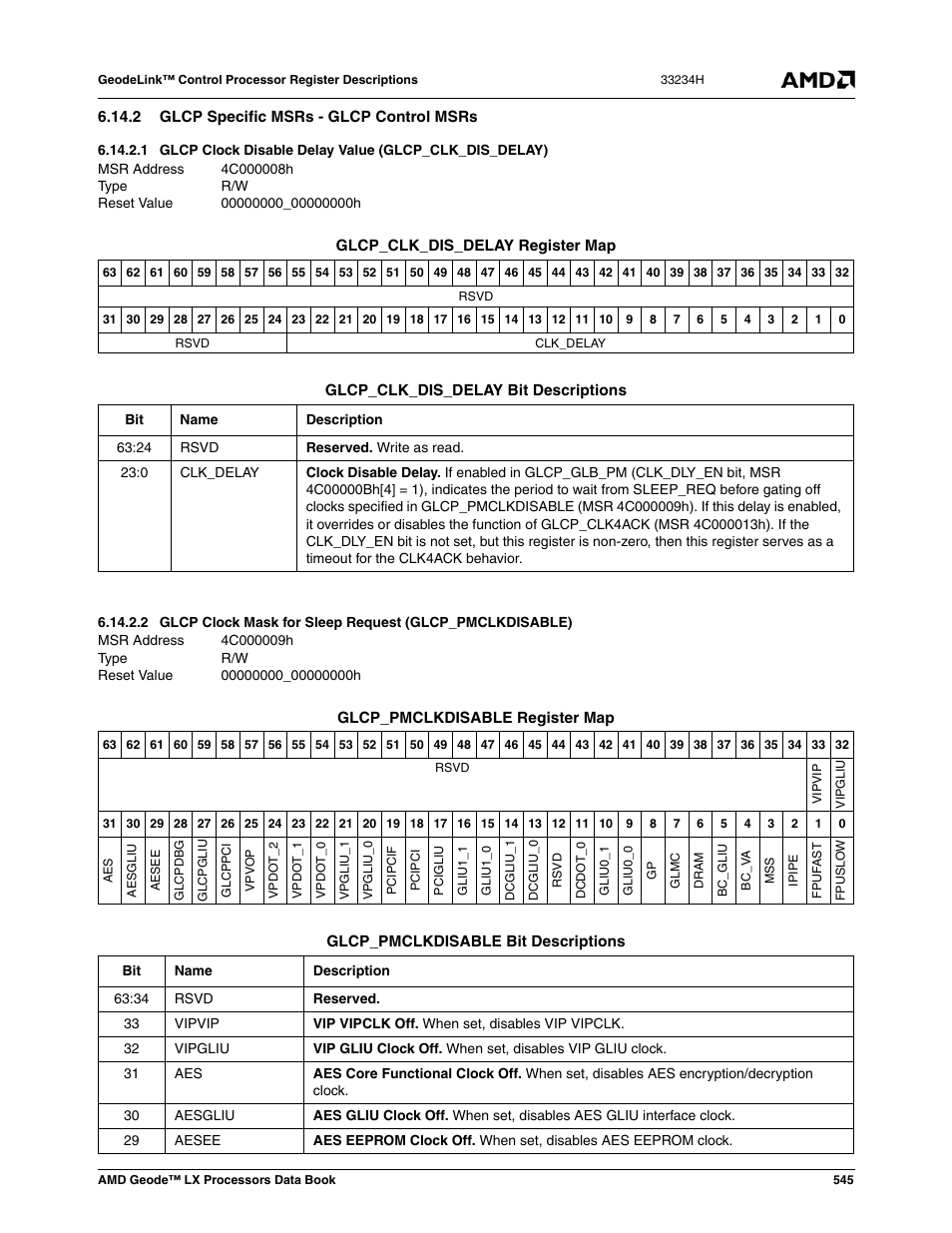 2 glcp specific msrs - glcp control msrs, Glcp clock disable delay value, Glcp_clk_dis_delay) | Glcp clock mask for sleep request, Glcp_pmclkdisable), 4c000009h, 00000000_00000000h | AMD Geode LX 800@0.9W User Manual | Page 545 / 680