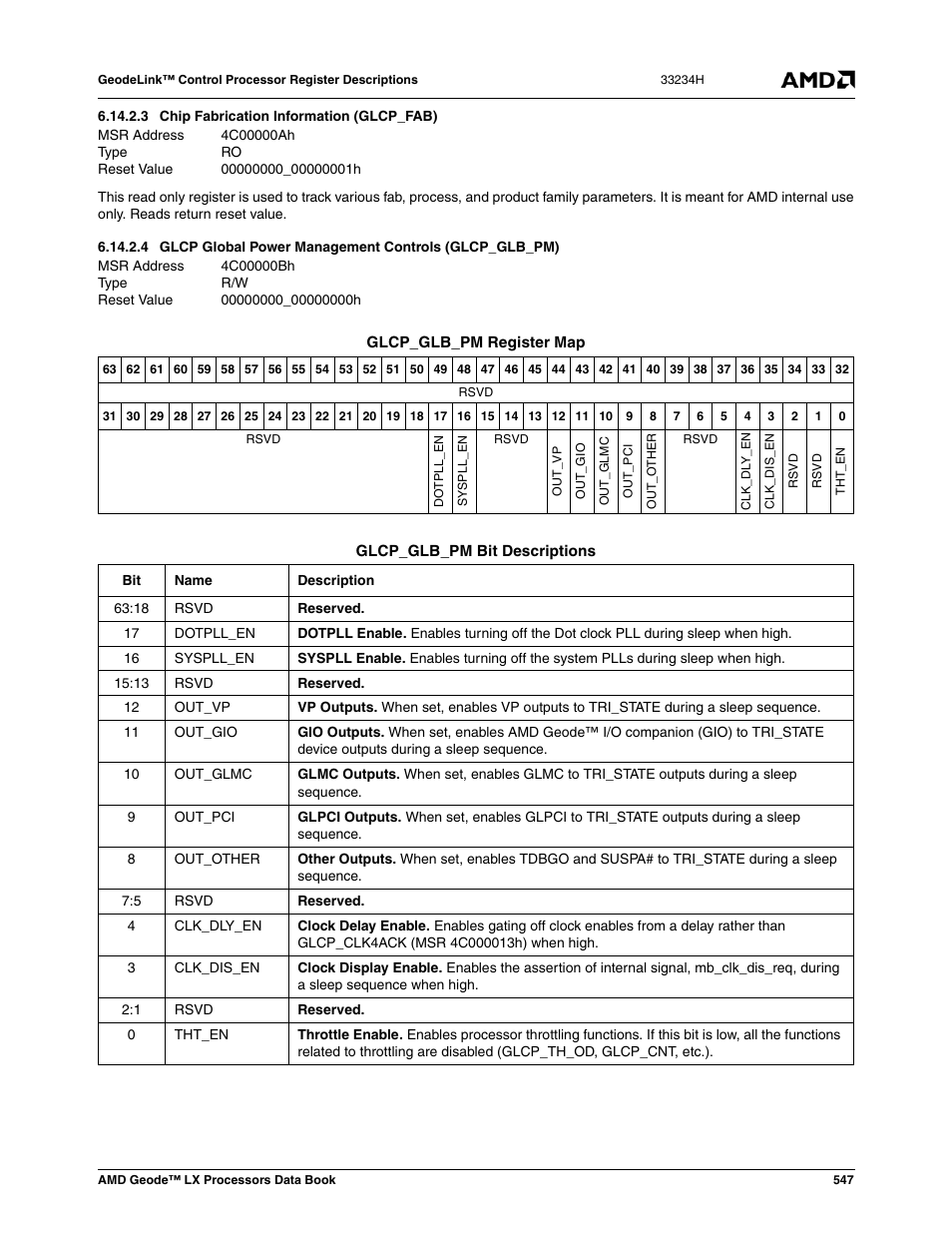 3 chip fabrication information (glcp_fab), Glcp global power management controls, Glcp_glb_pm) | Chip fabrication information (glcp_fab) | AMD Geode LX 800@0.9W User Manual | Page 547 / 680