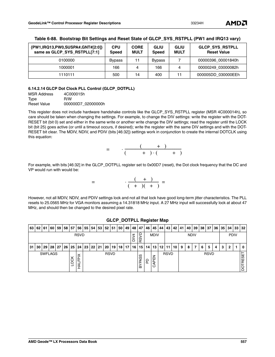 14 glcp dot clock pll control (glcp_dotpll), Table 6-88, Glcp dot clock pll control (glcp_dotpll) | 000000d7_02000000h | AMD Geode LX 800@0.9W User Manual | Page 557 / 680