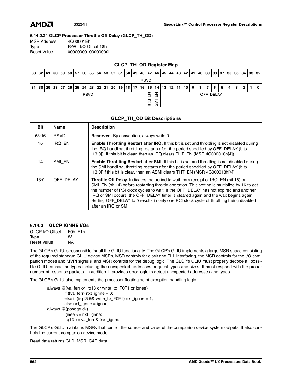 21 glcp processor throttle off delay (glcp_th_od), 3 glcp ignne i/os, Glcp processor throttle off delay (glcp_th_od) | 00000000_00000000h, F0h, f1h, Glcp ignne i/os | AMD Geode LX 800@0.9W User Manual | Page 562 / 680